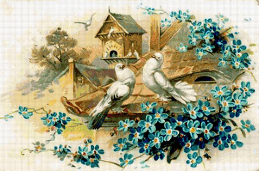 Голубки - незабудки, цветы, винтаж, пейзаж, любовь, птицы, голубки - предпросмотр