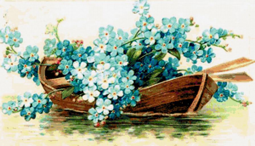 Незабудки - винтаж, лодка, цветочки, незабудка, красота, незабудки - предпросмотр