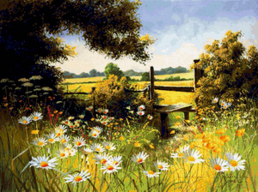 Пейзаж с цветами - природа, пейзажи мери дипналь, цветы - предпросмотр