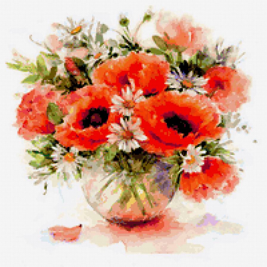 акварель - маки, ваза, ромашки - предпросмотр