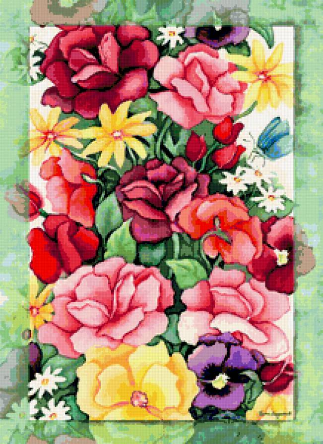 Цветочное панно - ромашки, бабочка, цветы, анютины глазки, панно, розы, лето - предпросмотр