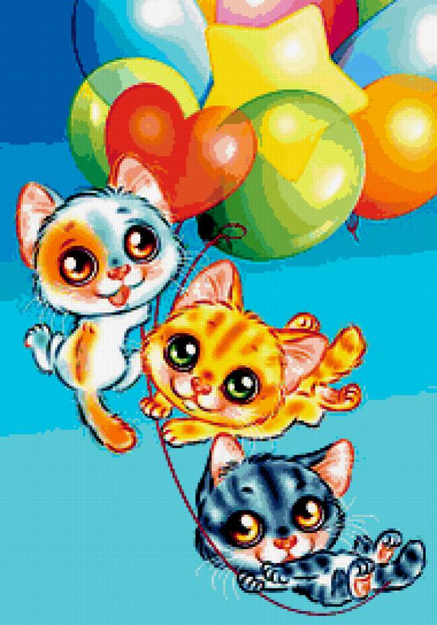 Полет на воздушных шариках - котята, животные, полет, зверята, шарики - предпросмотр