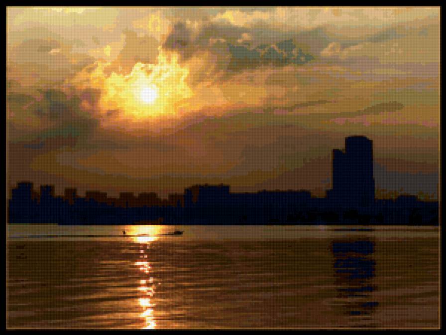 Закат - город, река, облака, закат - предпросмотр