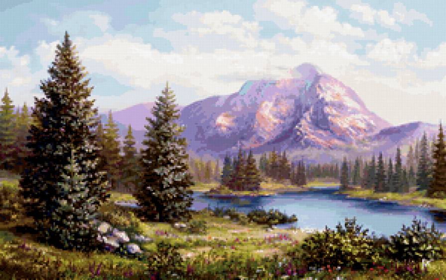 горный пейзаж - горы, лето, деревья, природа, вода, река - предпросмотр