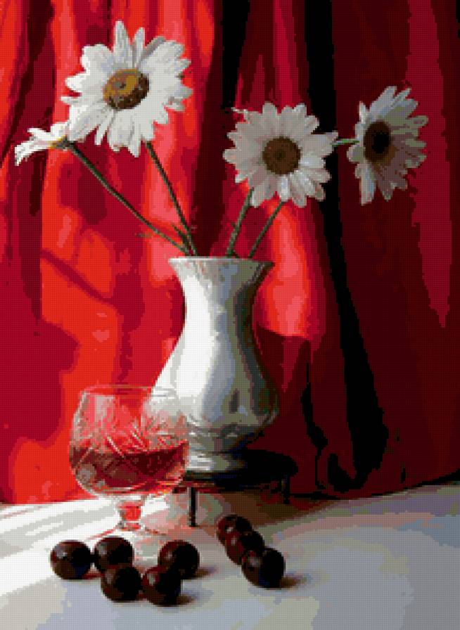 ромашки - вино, букет, цветы, ромашки, натюрморт - предпросмотр