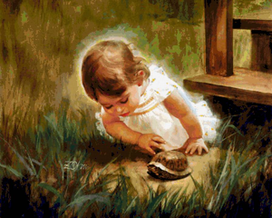 №347906 - девочка, дети, животные, черепаха, портрет, живопись - предпросмотр