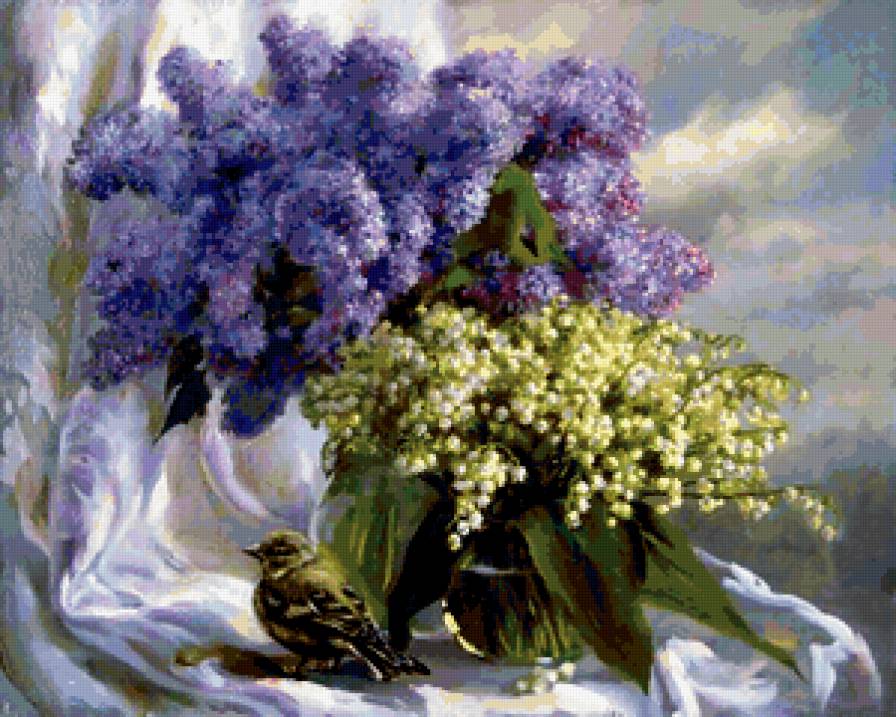 Картина Екатерины Калиновской 9 - птицы, букет, ландыши, живопись, картина, сирень, цветы - предпросмотр