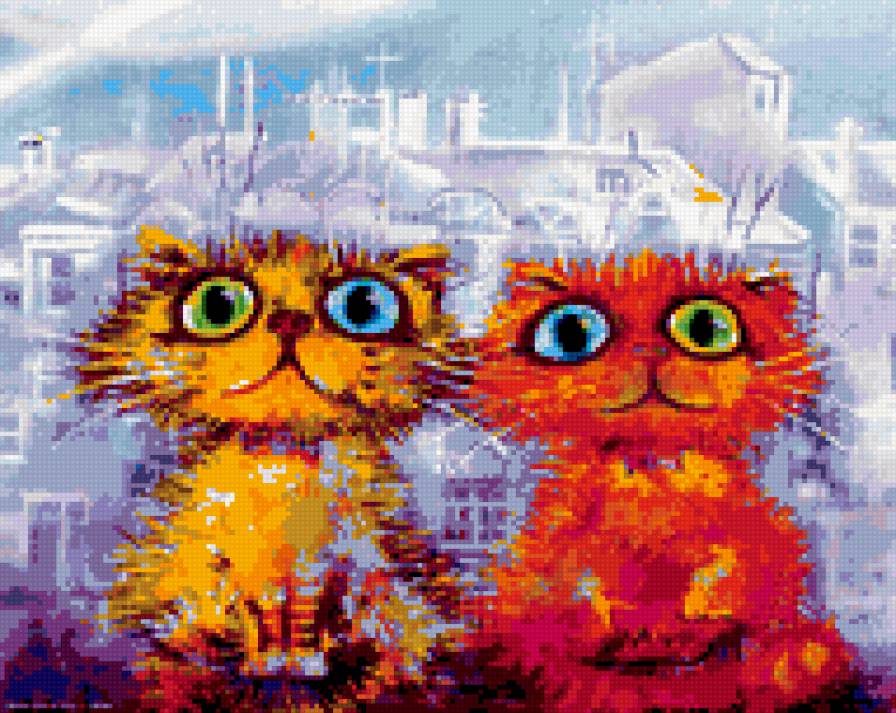 Веселая парочка - кошки, весело, вышивка - предпросмотр