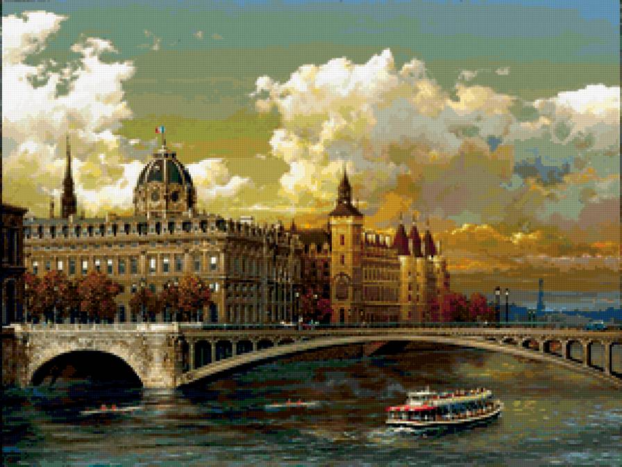 картина - речка, город, мост - предпросмотр