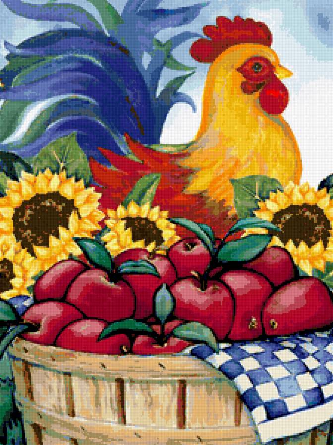осенний урожай - яблоко, осень, урожай, птицы, для кухни, петушок, яблоки - предпросмотр