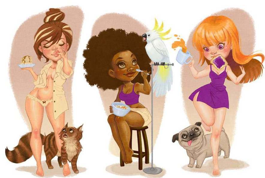 Девочки - мультяшка, девушка - оригинал