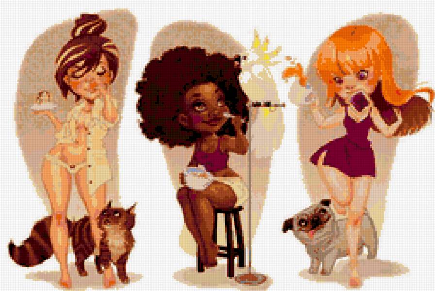 Девочки - мультяшка, девушка - предпросмотр