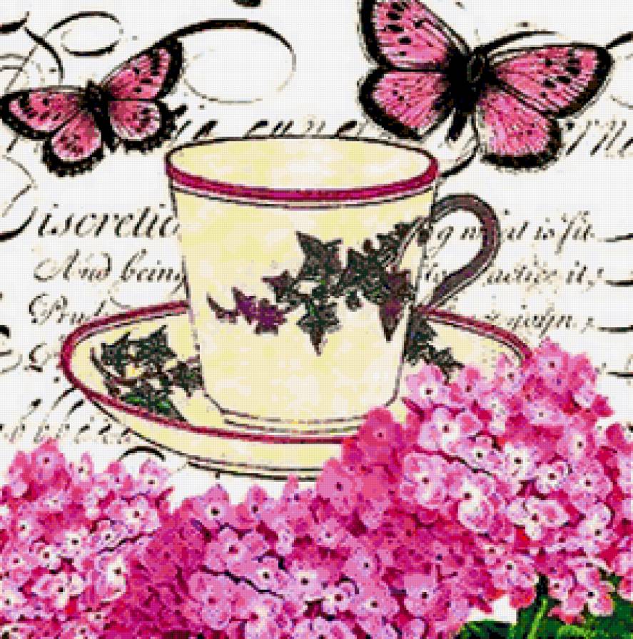 Панно для кухни - гортензия, чашечка, бабочки, фарфор, панно, для кухни, посуда - предпросмотр