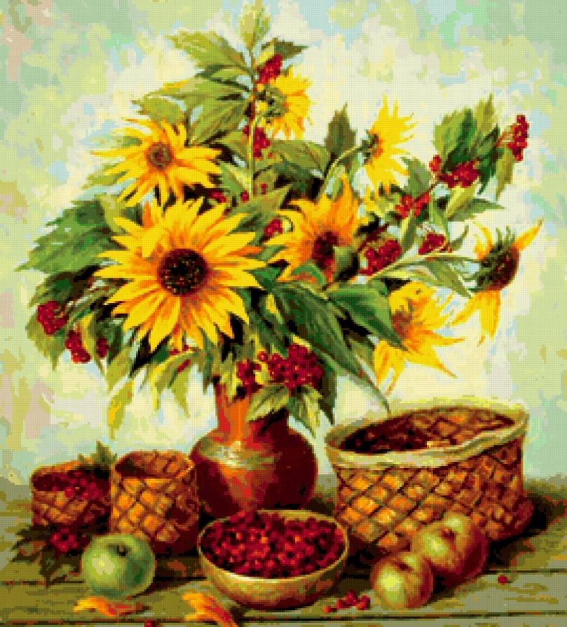 натюрморт - яблоки, подсолнухи, корзины, рябина - предпросмотр