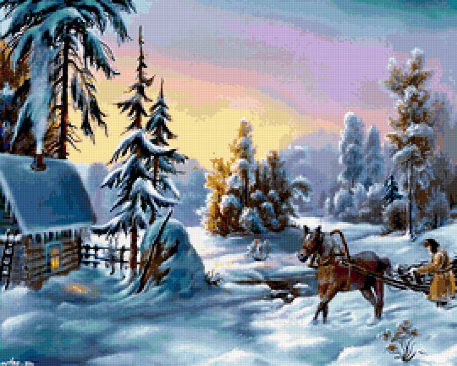 Крестьянин зимой - крестьянин, лошадь, дом, снег, зима - предпросмотр