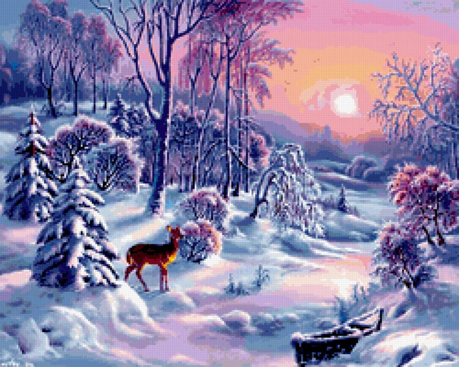 Снежный мир - олень, снег. лес. зима - предпросмотр