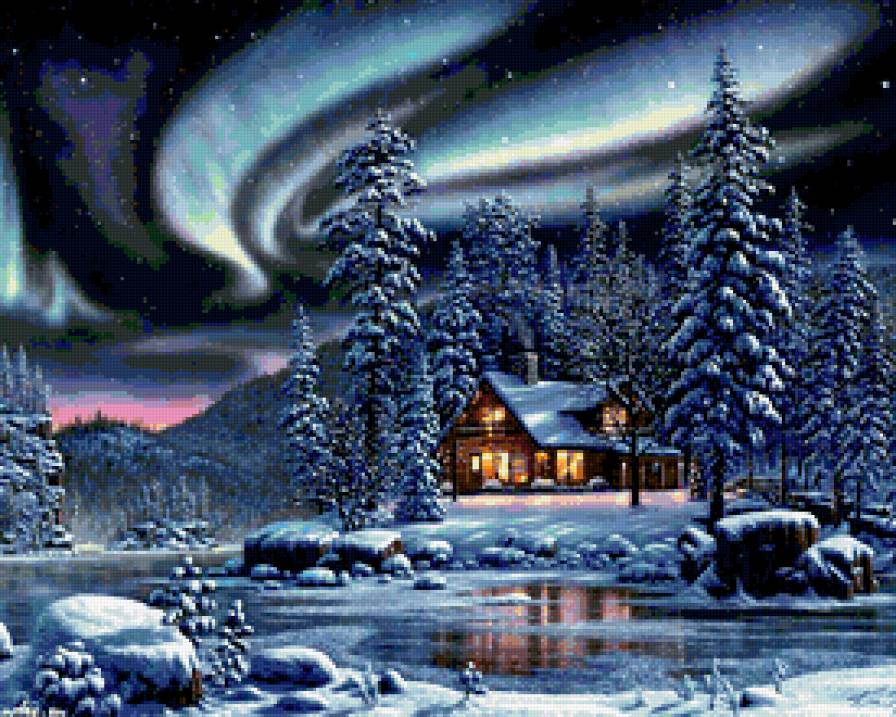 Заполярье - лес, зима. снег, северное сияние, дом - предпросмотр