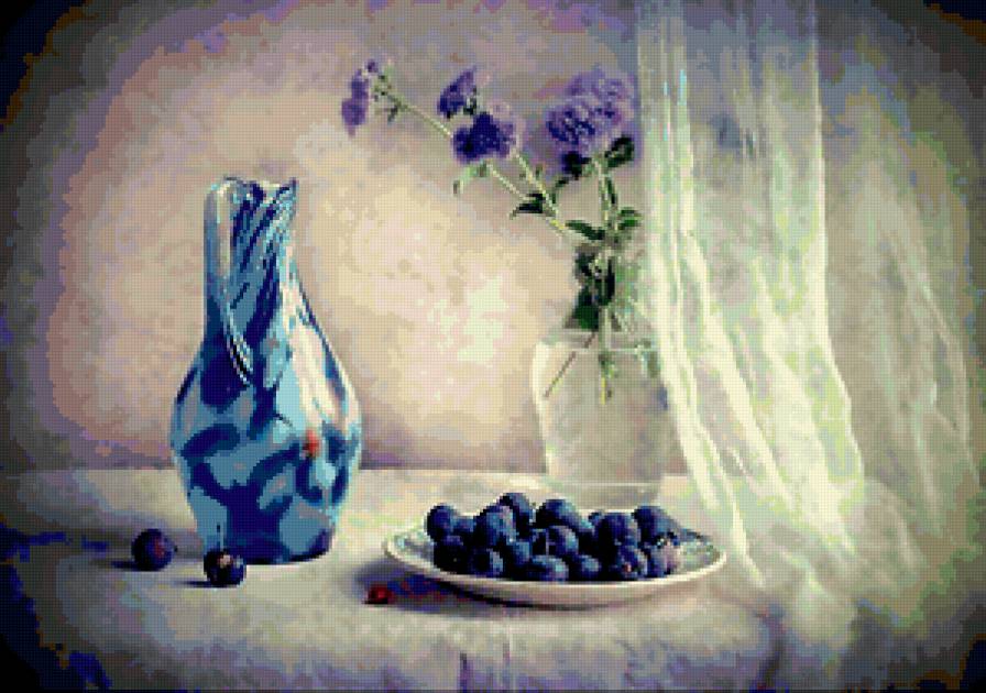 №351474 - натюрморт, букет, цветы, фрукты - предпросмотр