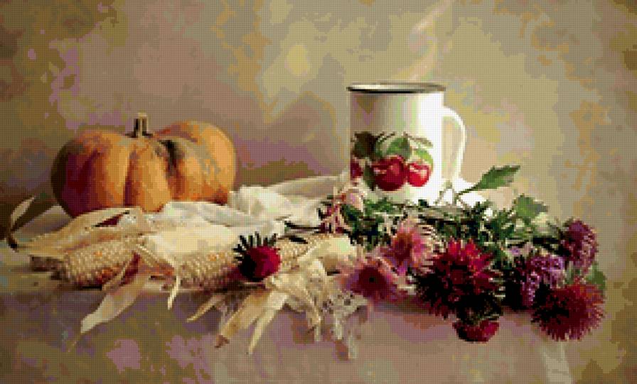 №351480 - натюрморт, фрукты, цветы, аващи, букет - предпросмотр