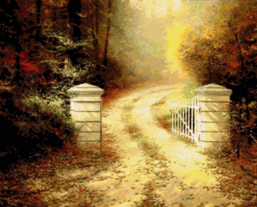 Осенние ворота - живопись, девушка, красота женщины, фэнтези, дети, цветы, карти - предпросмотр