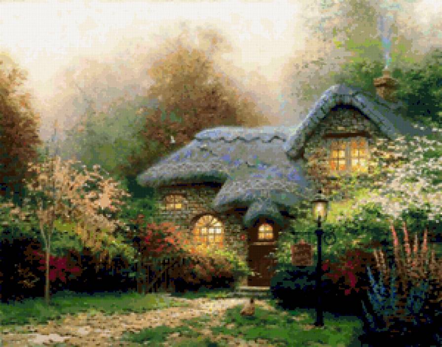 Вересковый домик - девушка, красота женщины, живопись, фэнтези, карти, дети, цветы - предпросмотр