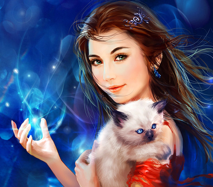 девушка с котёнком - котенок, фэнтези, девушка - оригинал
