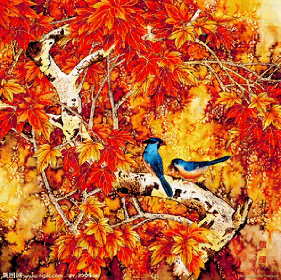 Китайские мотивы - птицы, китайская живопись, восток, китай, природа, растения - предпросмотр