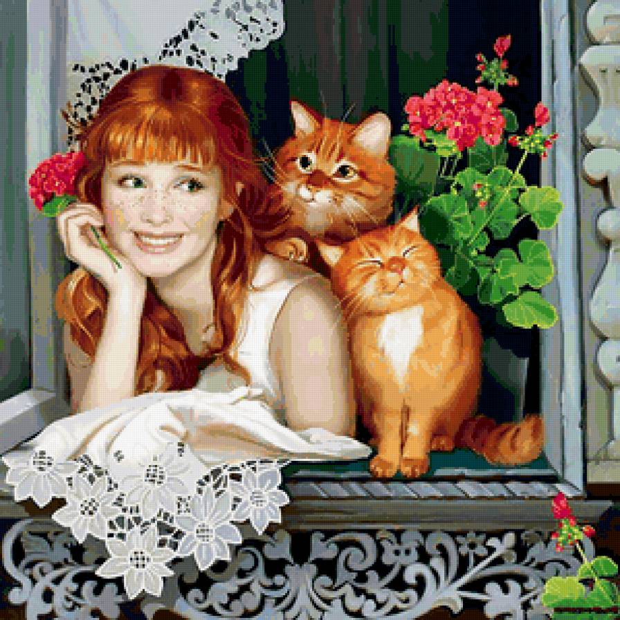Иллюстрации Татьяны Дорониной 1 - картина, окно, лето, цветы, девушка, кошка - предпросмотр