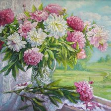 Схема вышивки «Пионы на подоконнике»