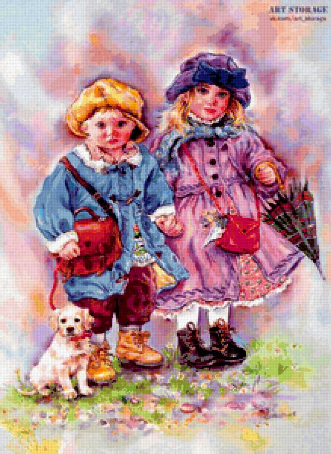 Дети - животные, картина, дети, собака - предпросмотр