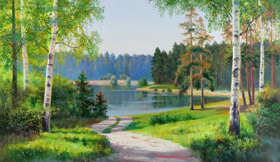 тропа к озеру - природа, лето, деревья, река, вода - оригинал