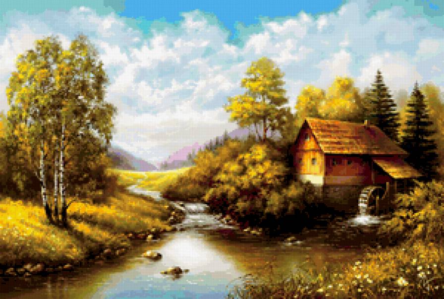 старая мельница - пейзаж, осень, лес, деревья, вода, река - предпросмотр