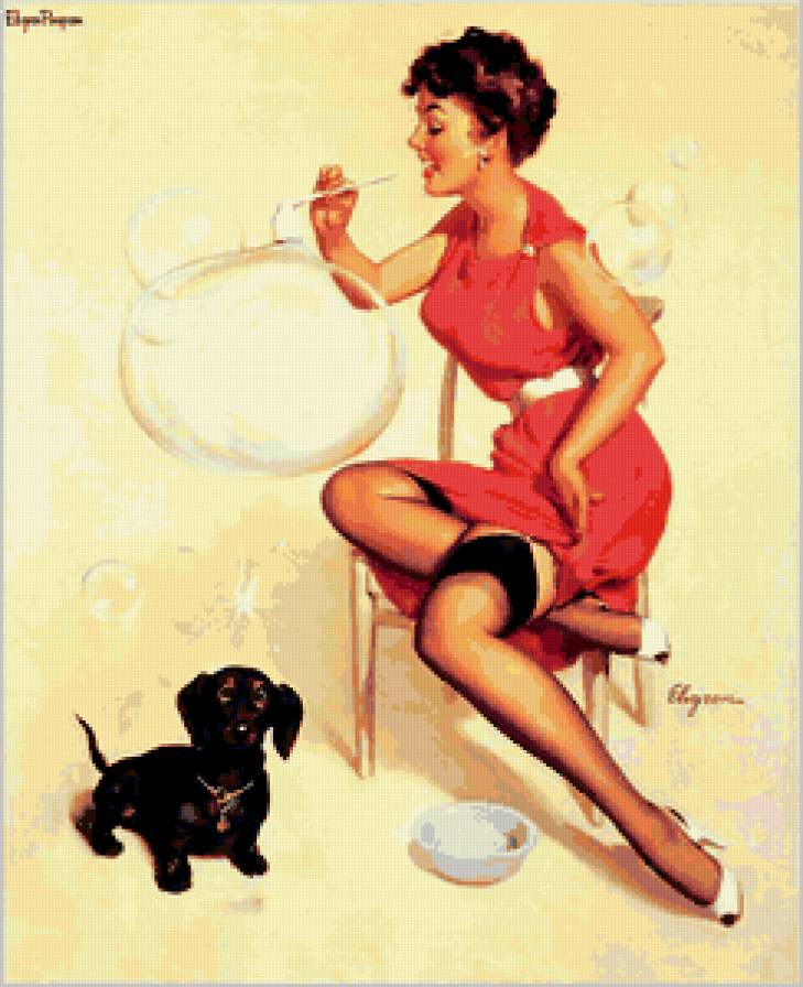 ретро девушка - собачка, пин-ап, винтаж, ретро, мыльные пузыри, девушка, чулки, красота - предпросмотр