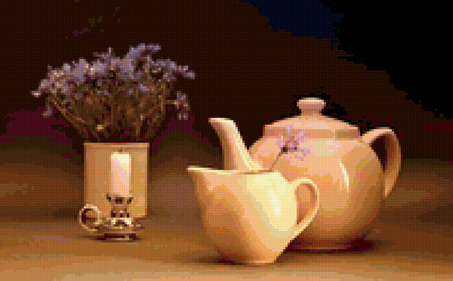 натюрморт на кухню - свеча, натюрморт, букет, чайник, цвебы, на кухню - предпросмотр