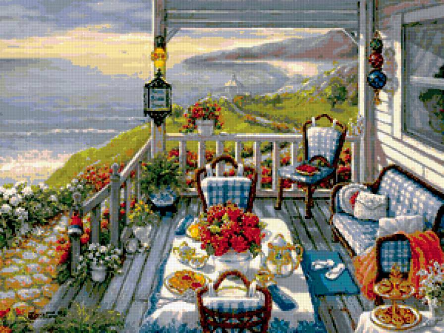 веранда - цветы, завтрак, букет, веранда, горы, дом, уют, чай, стол, фонарь, ваза - предпросмотр