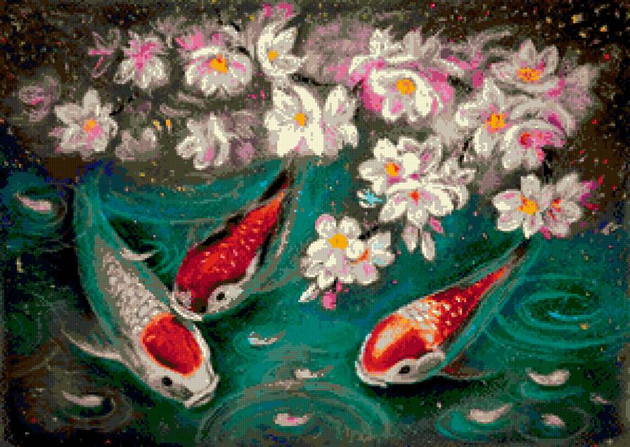 кои и лотос - пруд, карп, живопись, восток, пара, лотос, цветы, рыба - предпросмотр