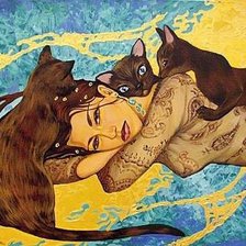 Схема вышивки «девушка и черные кошки»