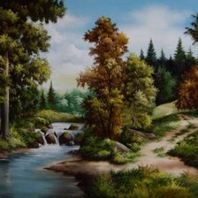 Схема вышивки «Пейзаж, лес, река, горы»