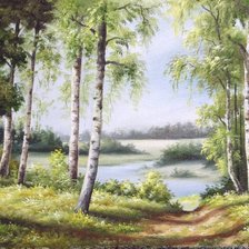 Схема вышивки «Пейзаж, березы, река, лес»