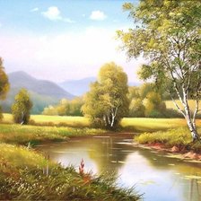 Схема вышивки «Пейзаж, березы, река»