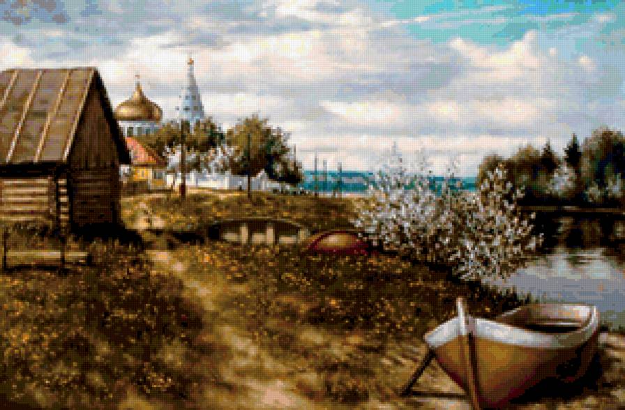 Пейзаж, деревня, церковь, река - пейзаж, церковь, деревня, река - предпросмотр