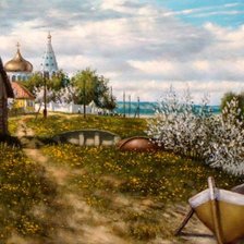 Схема вышивки «Пейзаж, деревня, церковь, река»