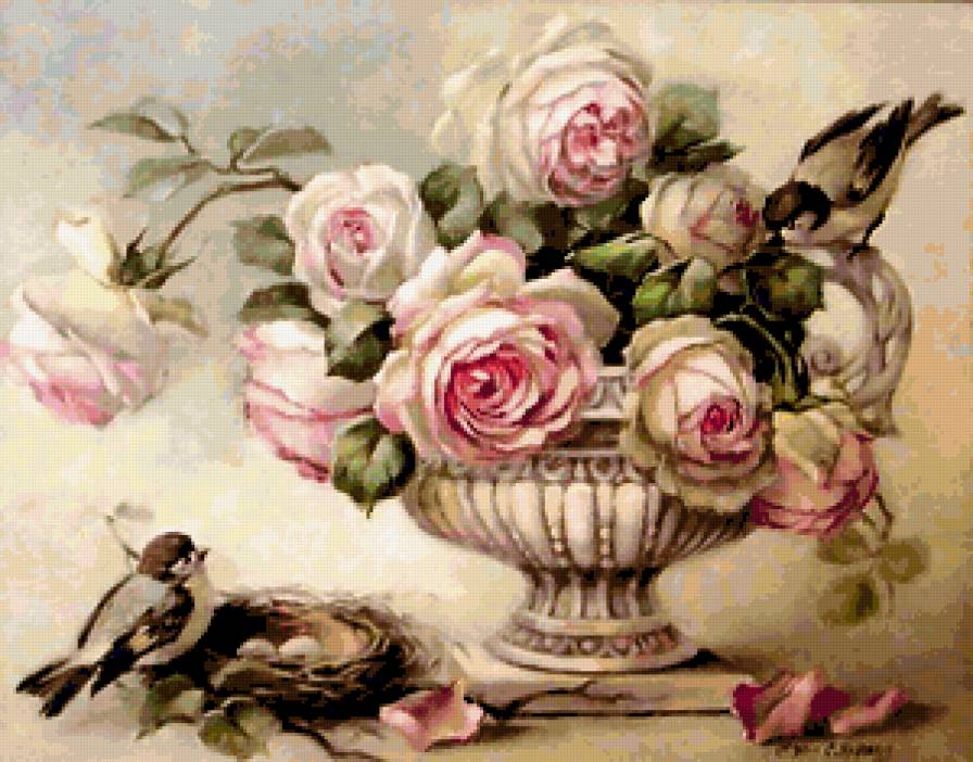 розы в вазе - розы, лепестки, птицы, ваза - предпросмотр