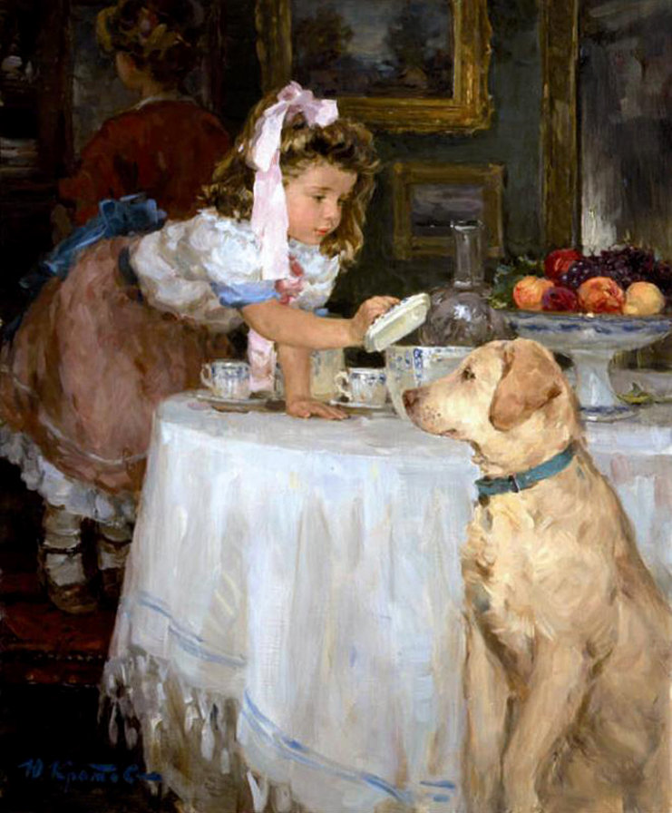 Сладкоежки - фэнтези, дети, живопи, картины, красота женщины, цветы, девушка - оригинал