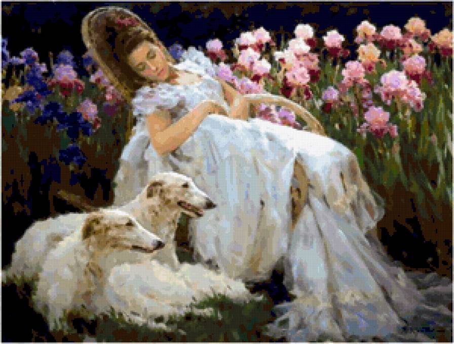 отдых в саду - фэнтези, живопи, цветы, дети, картины, девушка, красота женщины - предпросмотр