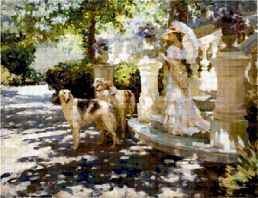 в ожидании её приказаний - красота женщины, картины, живопи, цветы, дети, фэнтези, девушка - предпросмотр