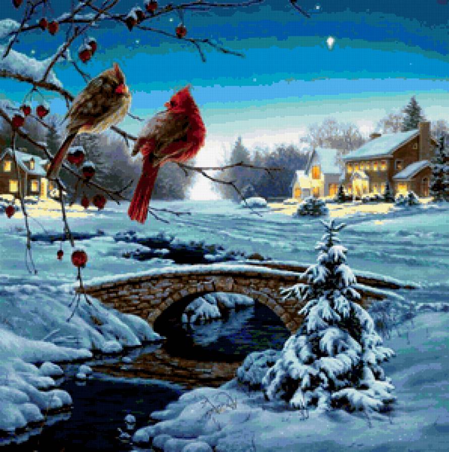 зимний пейзаж - снег, птицы, дом, зима - предпросмотр