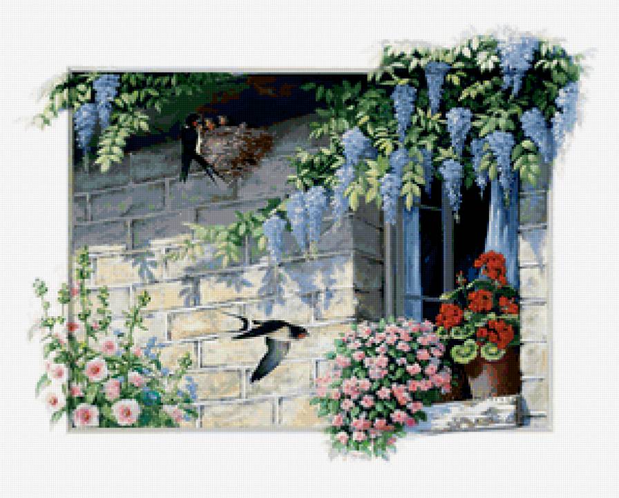 летний пейзаж - цветы, природа, лето, птицы - предпросмотр