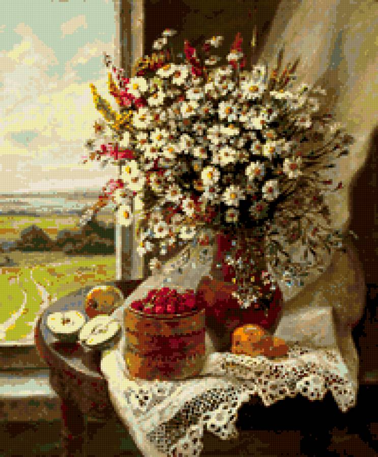 Букет ромашек и фрукты - ягоды, окно, ромашки, цветы, натюрморт - предпросмотр