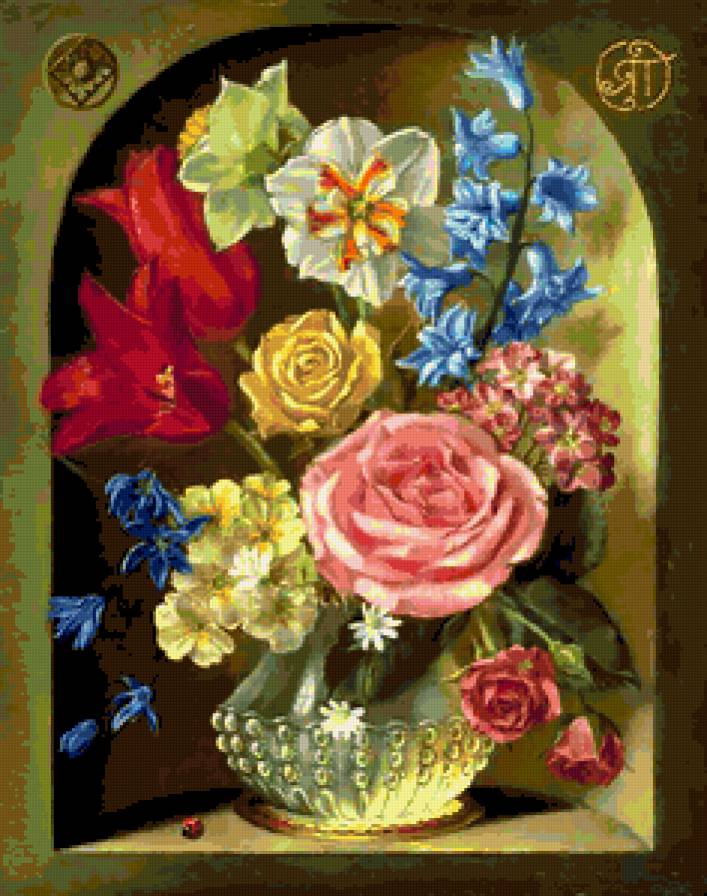 букет в нише-1 - пион, букет, цветы, ваза, ниша, роза - предпросмотр